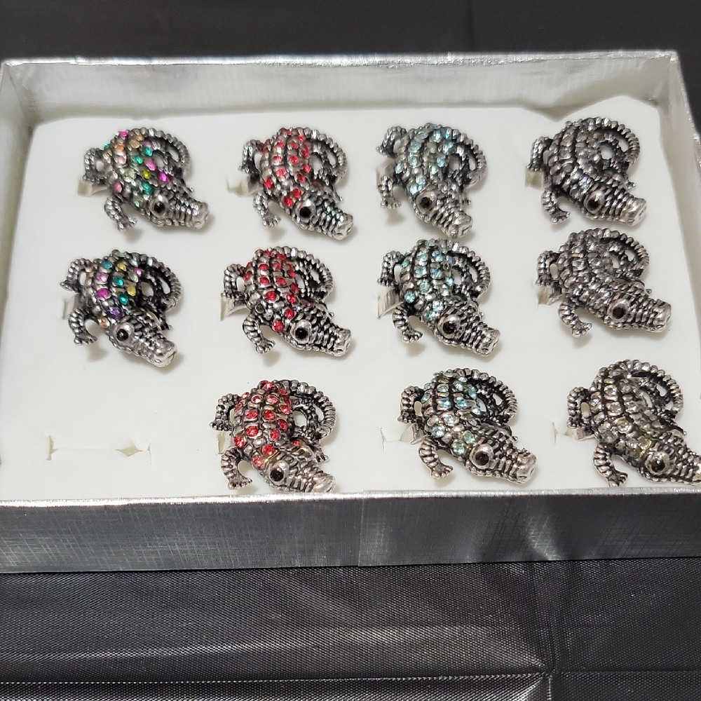 Silver and Multicolor Rhinestone Alligator Adjustable Rings